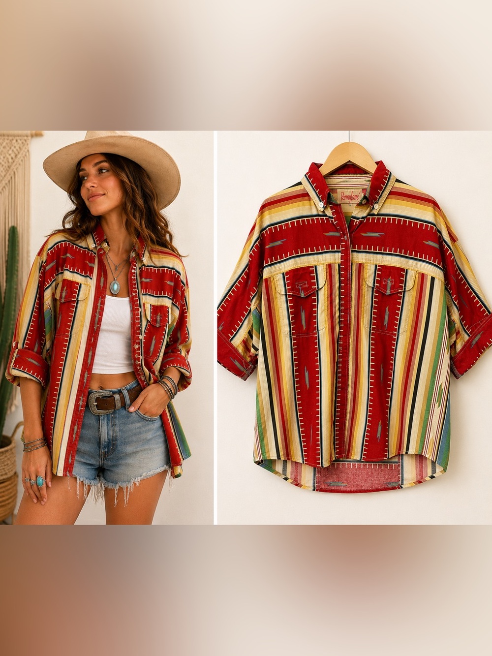 Vintage Pennylane Western Aztec Stripe Button Up Shirt Size M Red Cotton Rodeo